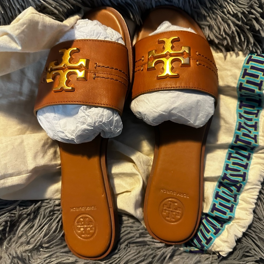 Tory Burch Tan Slides with Gold Emblem
